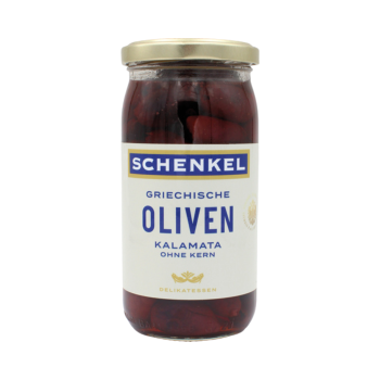 Schenkel Kalamata Oliven schwarz, ohne Kern, aus Griechenland, 350g Produktbild, Vorderseite der Verpackung